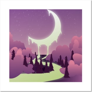 Moon Melting River I Fantasy Landscape Night Posters and Art